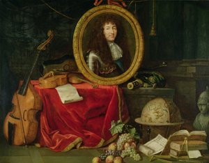 Stilleben med portrett av kong Ludvig XIV (1638-1715) omgitt av musikkinstrumenter, blomster og frukt, 1672